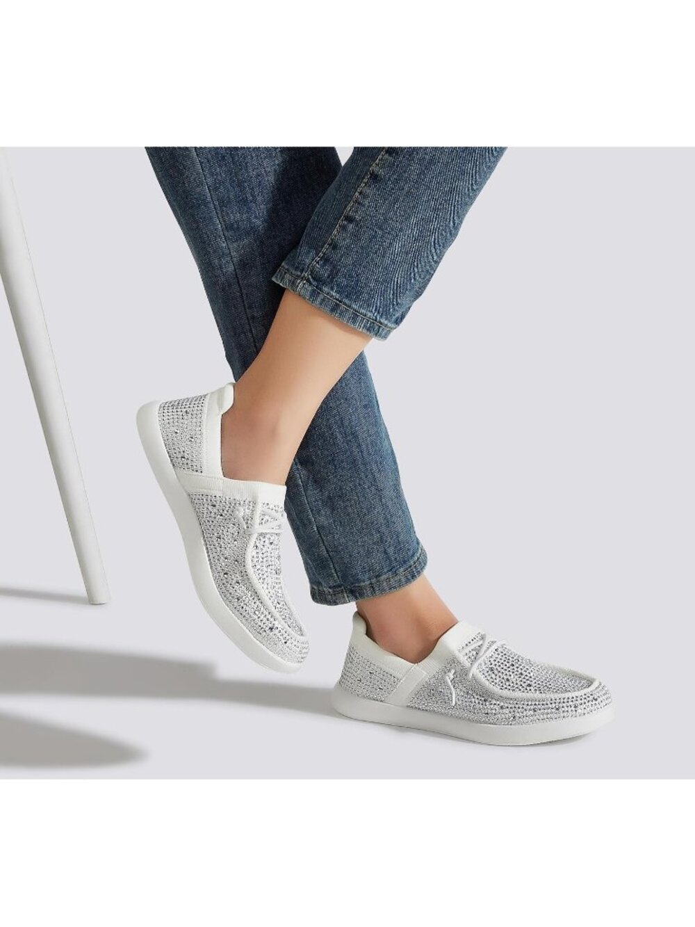 Women's White/Silver Knit Comfortable Rhinestone Lace Up Loafers Fashion Sneaker - Picture 2 of 7